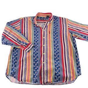 Fila Sport Mens XL Multicolor Striped & Paisley Button-Up Shirt Y2k Vintage